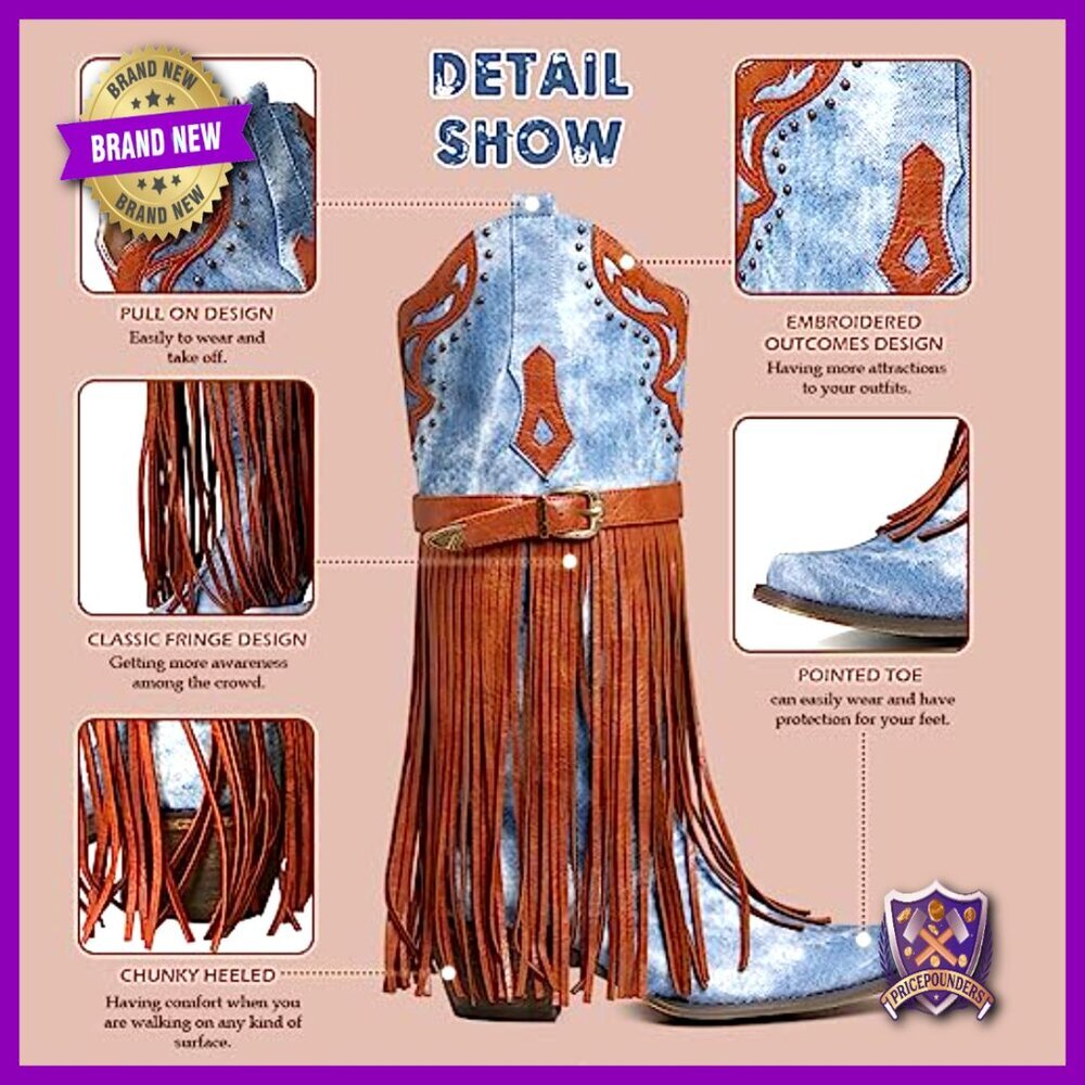 Western Booties Pointed Toe Chunky Heel Embroidered Fringe Pull-On Mid Calf - Picture 5 of 7